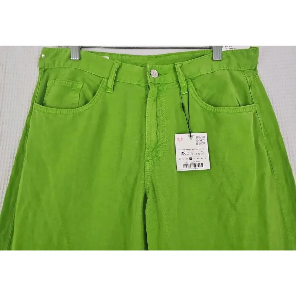 ZARA ~Woman Size 6(US)~ Apple Green Mid-Rise Linen Blend Wide Leg Pants NWT.